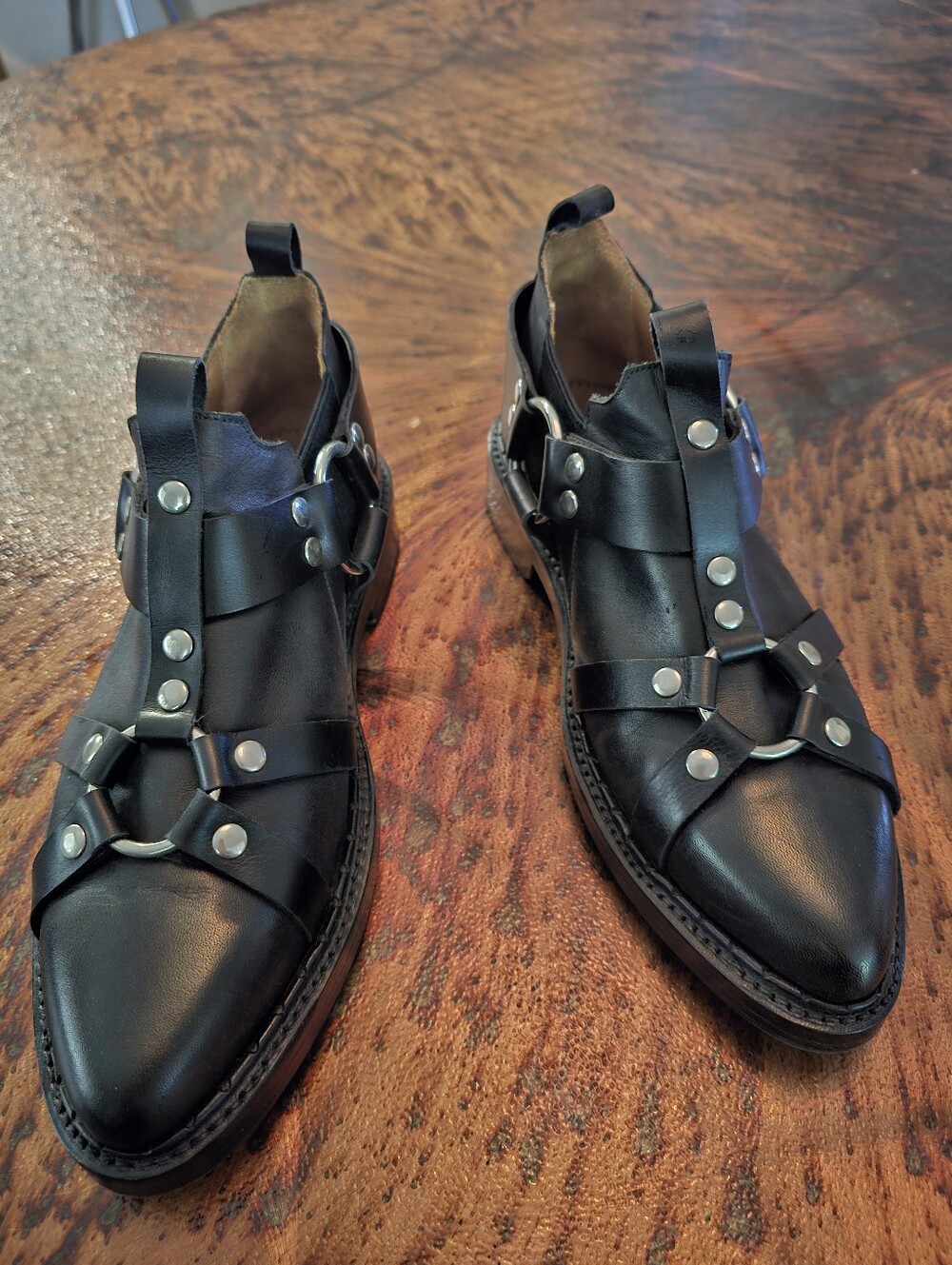 John Fluevog Axel Black Leather Studded Harness Oxfords